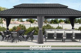 PURPLE LEAF Patio Gazebo for Backyard Grey Hardtop Galvanized Steel Roof Awning with Upgrade Curtain
