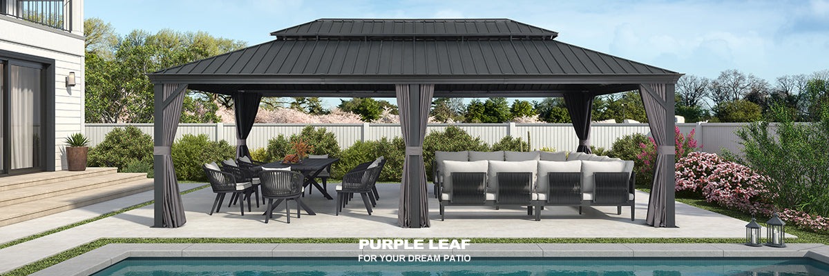 PURPLE LEAF Patio Gazebo for Backyard Grey Hardtop Galvanized Steel Roof Awning with Upgrade Curtain